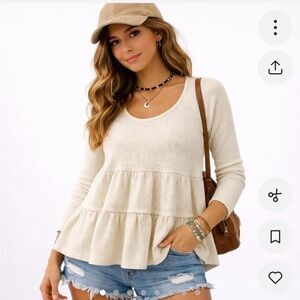 Maeve Cream Ruffle Peplum Scoop Neck Long-Sleeve Top